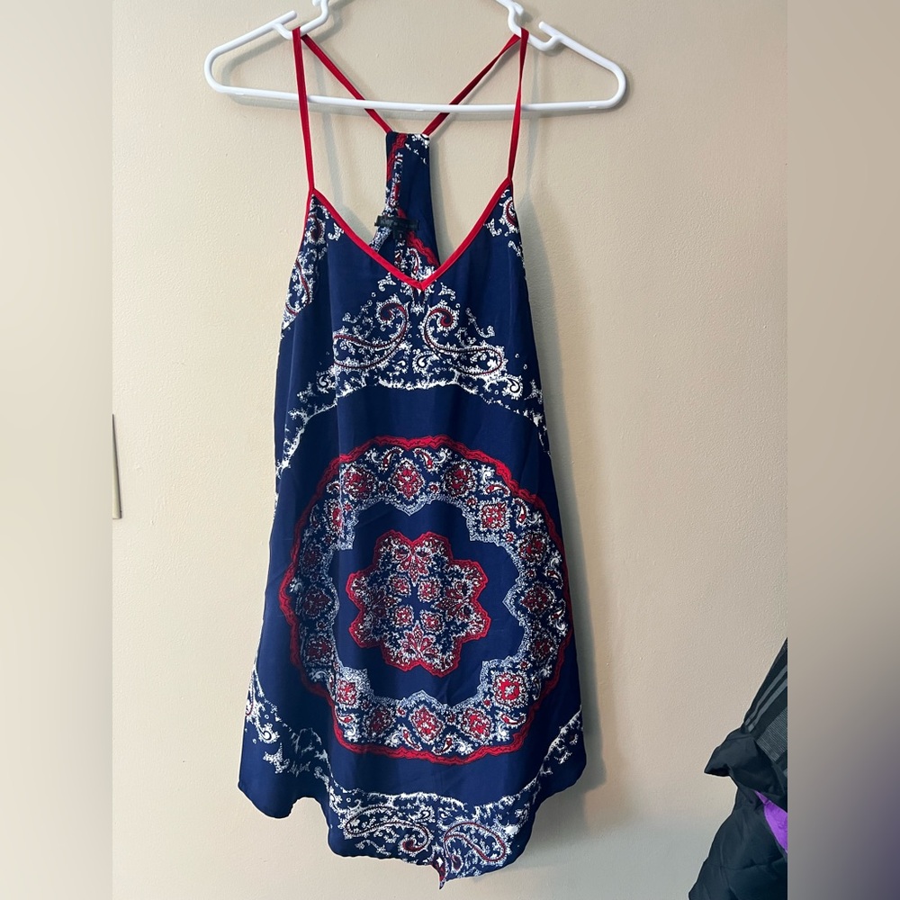 Bebop sz S halter style asymmetry hem bandana print dress with spaghetti straps.